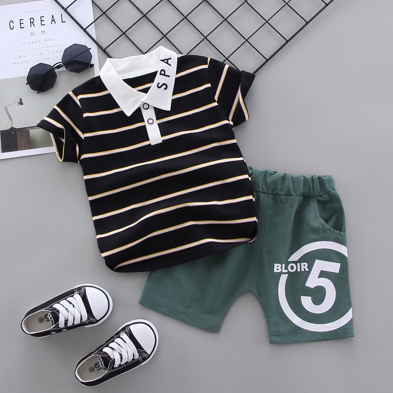 Baby Handsome Striped Print Polo Shirt and Shorts Set